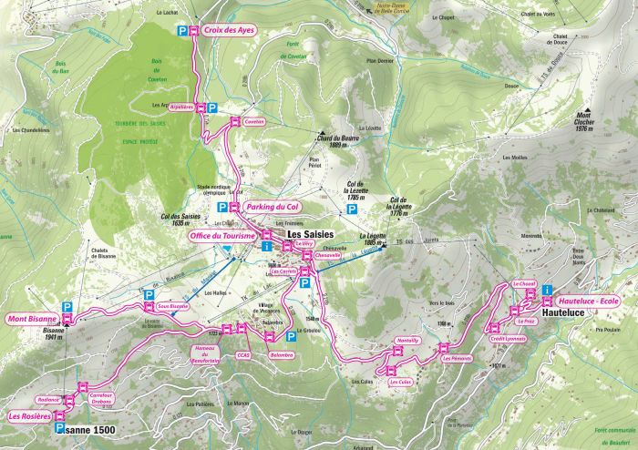plan des arr&ecirc;ts des navettes de la station des Saisies